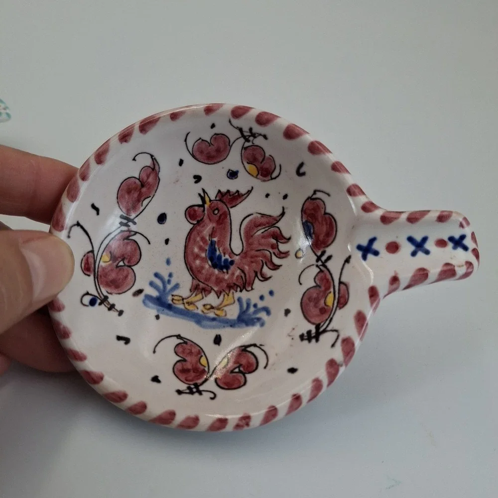 Vintage PV Italy Rooster Dipping Bowls Tea Bag Holders Hand‎ Painted Set Of 2